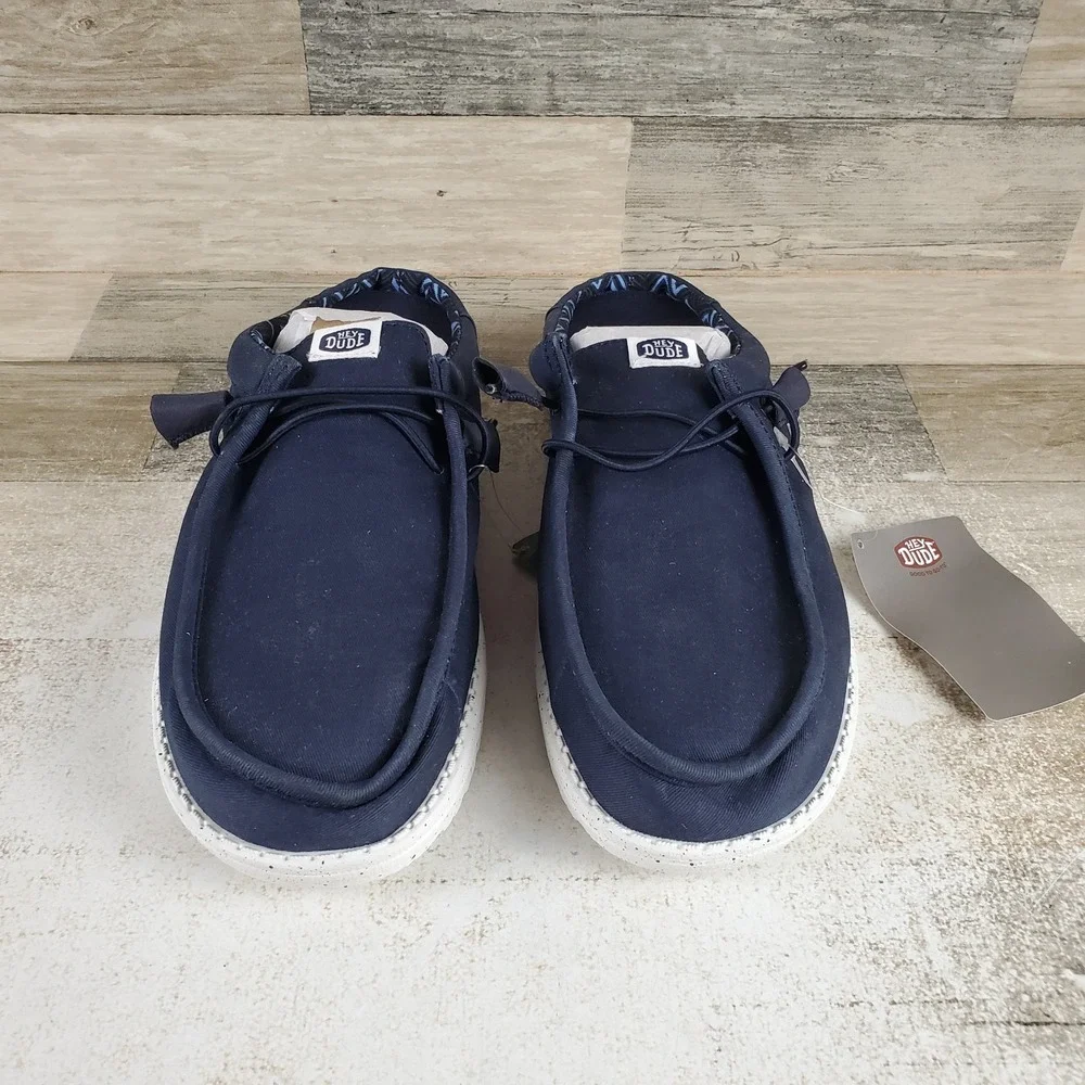Hey Dude Wally Slip Stretch Canvas Mens Loafer Shoes Sz 9 Navy Slip On Round Toe